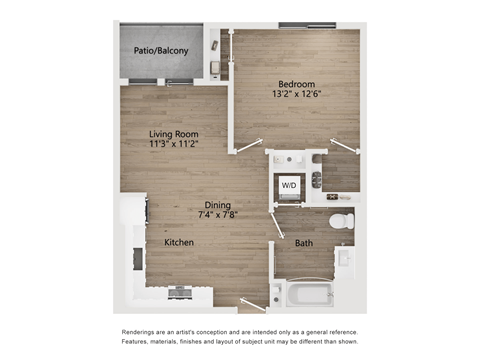 Floor plan for 1 bed, 1 bath, 697 sqft